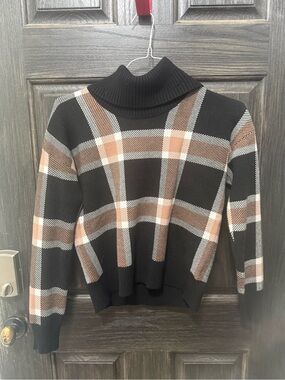 Max Studio Black Plaid Turtleneck Sweater with Tan and White Accents